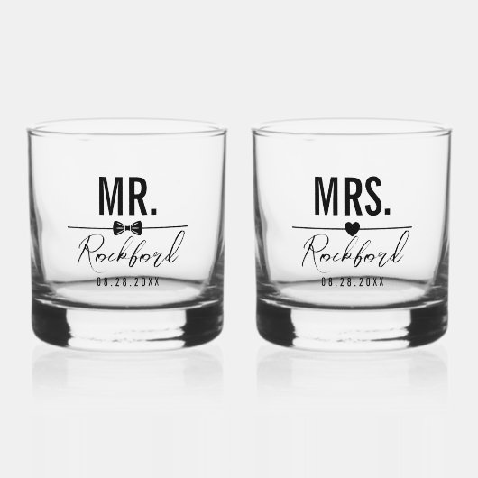 Minimales Script Custom Wedding Set von 2 Whiskyglas (Vorderseite)