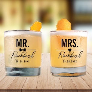 Minimales Script Custom Wedding Set von 2 Whiskyglas