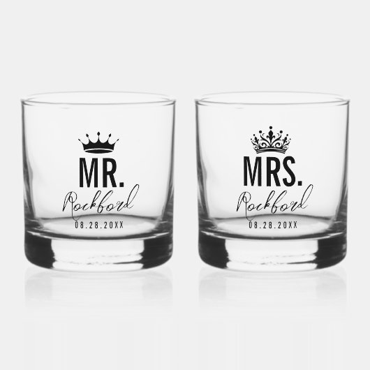 Minimales Script Custom Wedding Set von 2 Whiskyglas (Vorderseite)