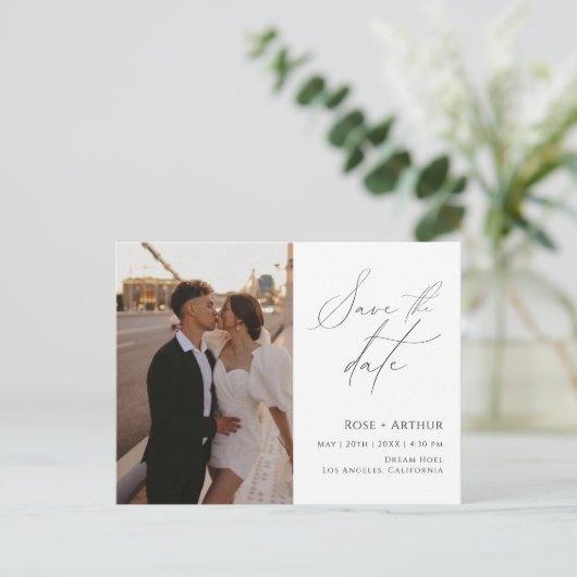 Minimales Script-Foto Save the Date Postkarte (Stehend Vorderseite)