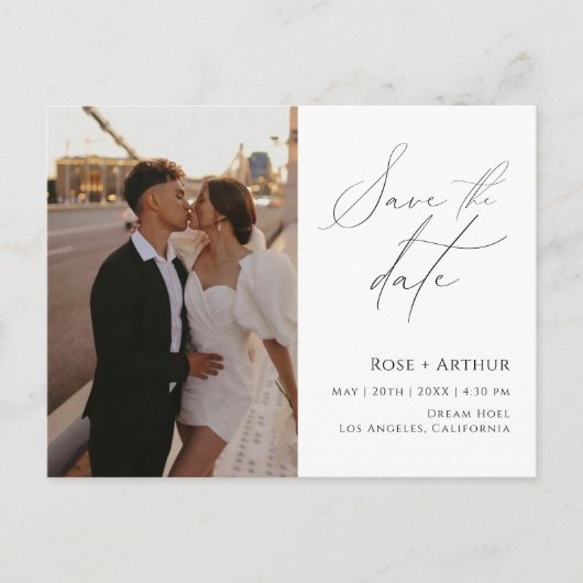Minimales Script-Foto Save the Date Postkarte (Vorderseite)