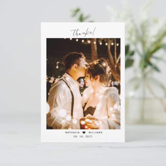 Minimales Script-Herz mit Foto-Hochzeit Dankeskarte (Stehend Vorderseite)