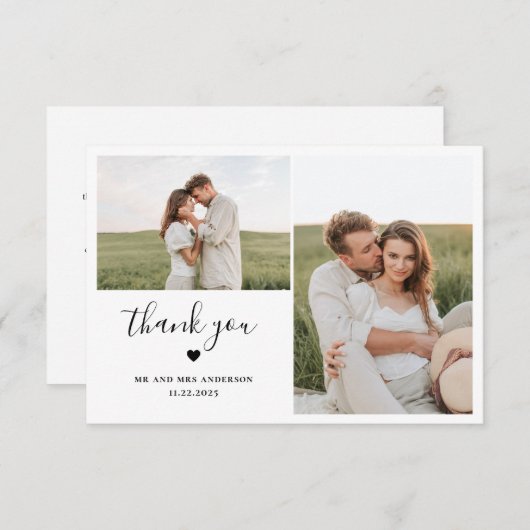 Minimales Script zwei Foto mit Herzensehen Dankeskarte (Vorne/Hinten)