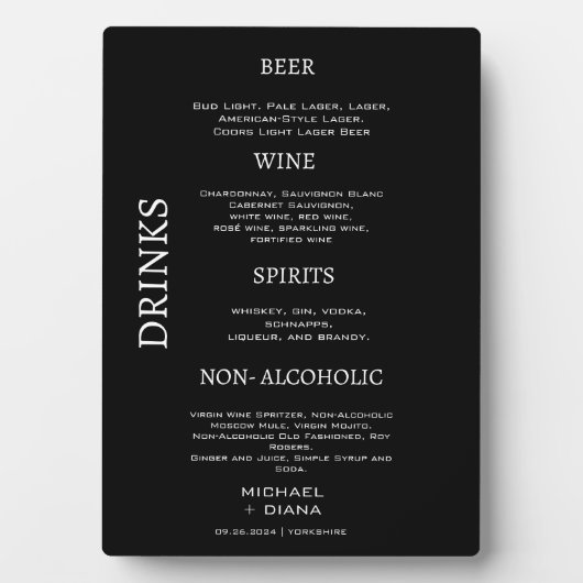 Minimales Skript kühne Hochzeitgetränke Bar Black Fotoplatte (Vorderseite)