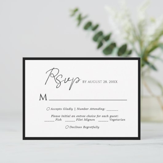 Minimales Skriptmenü Wahl Black Wedding Rsvp Begleitkarte (Stehend Vorderseite)