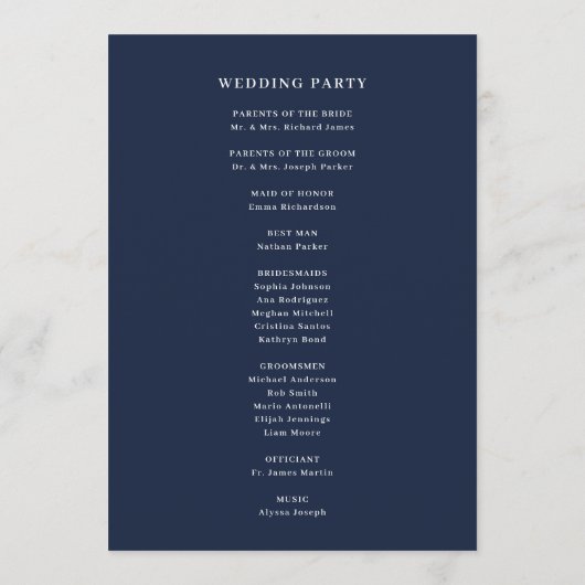 Minimales und schicker Navy Blau mit Grenzhochzeit Programm (Rückseite)