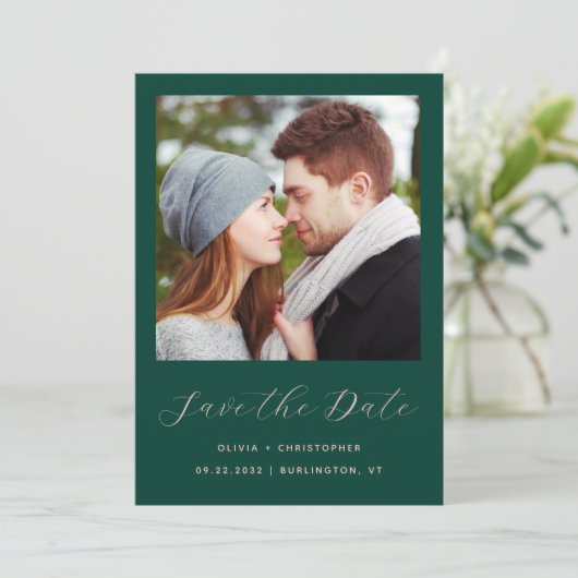 Minimales Zwei-Foto-Emerald-Green-Blush-Skript Save The Date (Stehend Vorderseite)