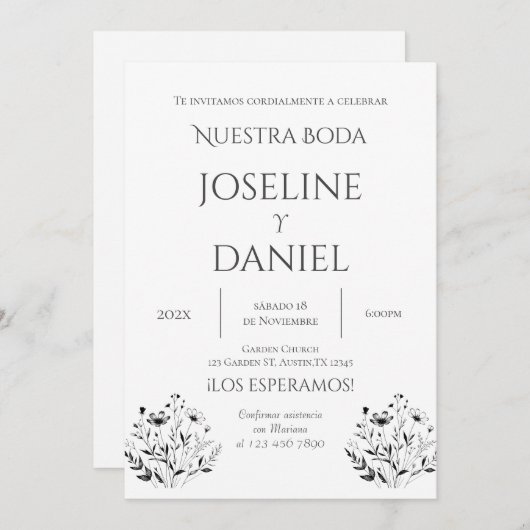 Minimalis Wedding Invitation in Spanish Einladung (Vorne/Hinten)