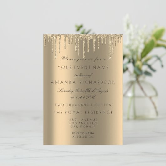 Minimalismus Funkelnd Tropfen Gold Geburtstag Einladung (Stehend Vorderseite)
