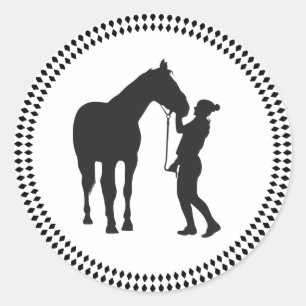Minimalismus Mädchen mit Pferd in schwarzer Farbe Runder Aufkleber
