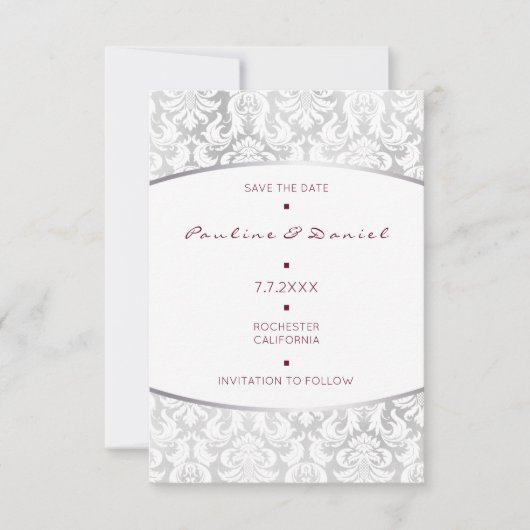 Minimalismus Save the Date Silver Red Damask (Vorderseite)