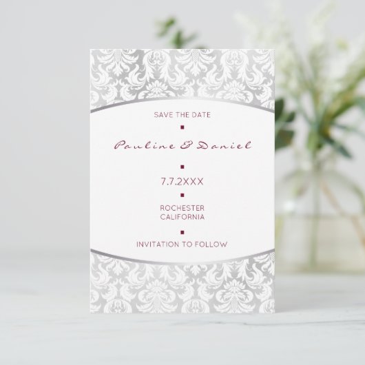 Minimalismus Save the Date Silver Red Damask (Stehend Vorderseite)