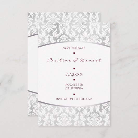 Minimalismus Save the Date Silver Red Damask (Vorne/Hinten)
