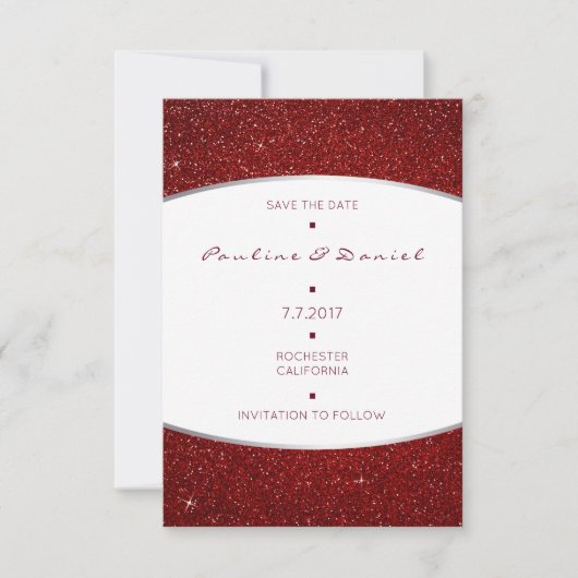 Minimalismus Save the Date Silver Red Glitzer (Vorderseite)