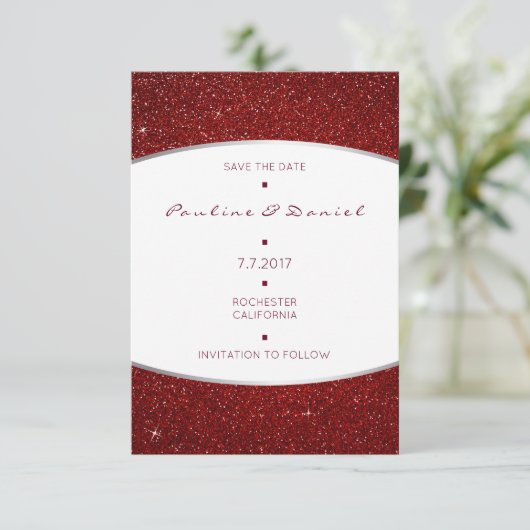 Minimalismus Save the Date Silver Red Glitzer (Stehend Vorderseite)