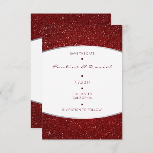 Minimalismus Save the Date Silver Red Glitzer (Vorne/Hinten)