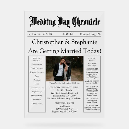 Minimalist 1 Photo Elegant Script Wedding Program Acrylschild (Vorderseite)