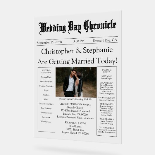 Minimalist 1 Photo Elegant Script Wedding Program Acrylschild (Winkel)