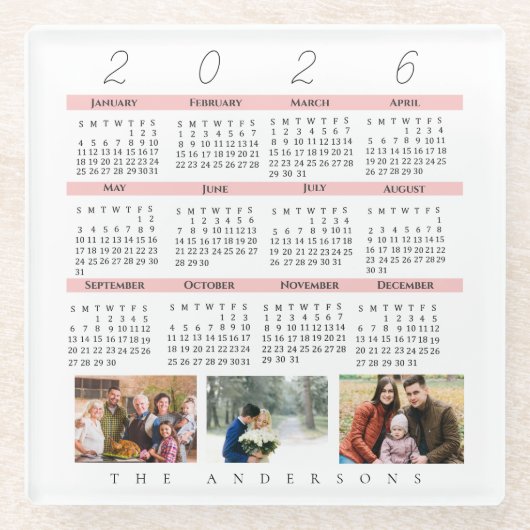 Minimalist 2026 Multi Photo Calendar Keepsake Glasuntersetzer (Vorderseite)