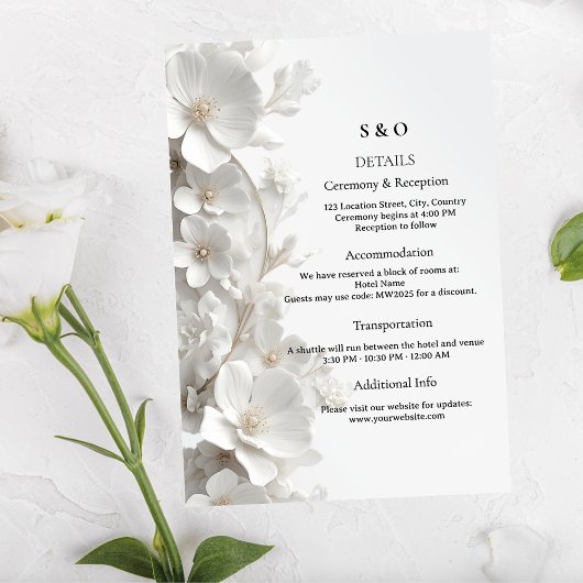 Minimalist 3D White Floral Modern Luxury Wedding Begleitkarte