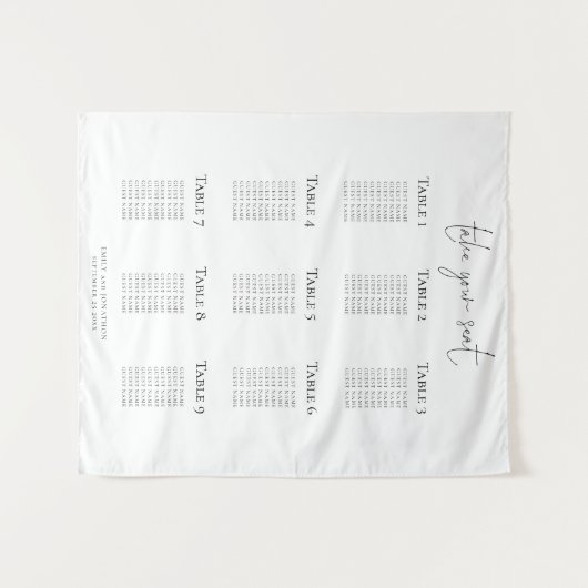 Minimalist 9 Table Wedding Seating Chart Wandteppich (Vorderseite (Horizontal))