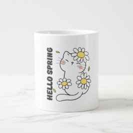 Minimalist Aesthetic Hello Spring Cat & Daisy Jumbo-Tasse
