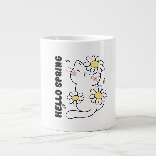 Minimalist Aesthetic Hello Spring Cat & Daisy Jumbo-Tasse (Vorderseite)