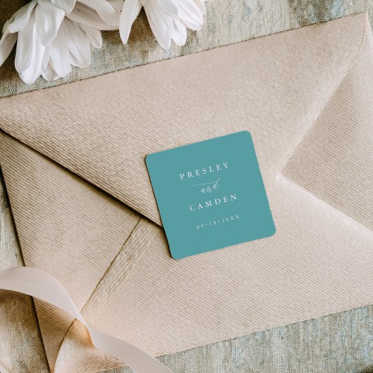 Minimalist Aqua Wedding Seals Modern Calligraphy Quadratischer Aufkleber