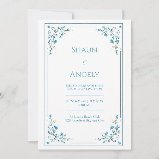 Minimalist Azure Blue Floral Gold Vine Wedding Einladung (Vorderseite)