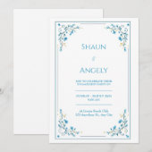 Minimalist Azure Blue Floral Gold Vine Wedding Einladung (Vorne/Hinten)