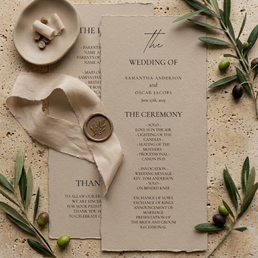 Minimalist Beiges Hochzeitsprogramm | Elegantes Ne Menükarte