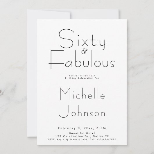 Minimalist Black 60 & Fabulous 60th Birthday Party Einladung (Vorderseite)