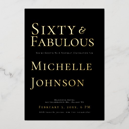 Minimalist Black 60 & Fabulous Birthday Party Folieneinladung (Vorderseite)