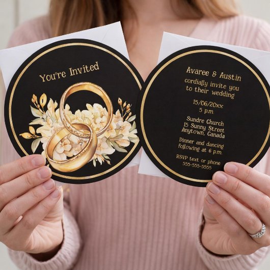 Minimalist Black and Gold Wedding Rings Invitation Einladung