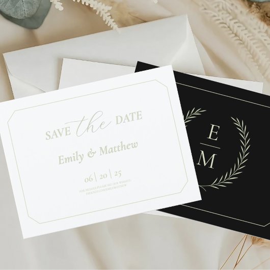 Minimalist Black and Sage Wedding Save The Date Ankündigungspostkarte