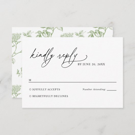 Minimalist Black and White Green Wedding RSVP Card (Vorne/Hinten)