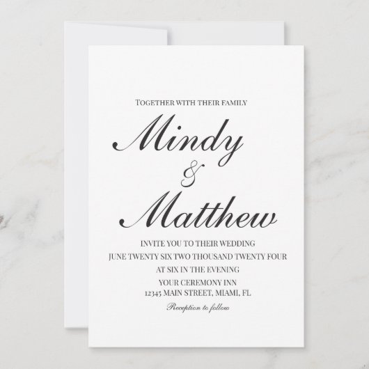 Minimalist Black and White Script Wedding Einladung (Vorderseite)