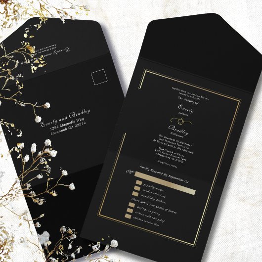 Minimalist Black Background Gold Frame Wedding All In One Einladung