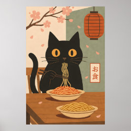 Minimalist Black Cat Eating Spaghetti Japanese Art Poster