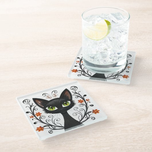 Minimalist Black Cat Green Eyes Filigree Design Glasuntersetzer (Schrägansicht)