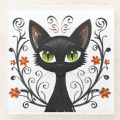 Minimalist Black Cat Green Eyes Filigree Design Glasuntersetzer (Vorderseite)