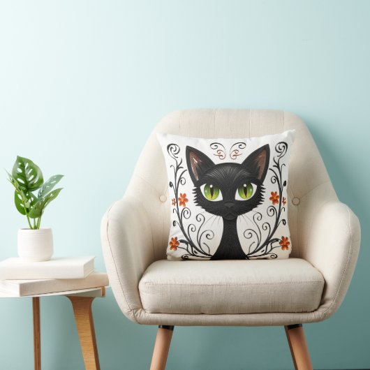 Minimalist Black Cat Green Eyes Filigree Design Kissen (Stuhl )