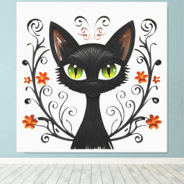 Minimalist Black Cat Green Eyes Filigree Design Leinwanddruck