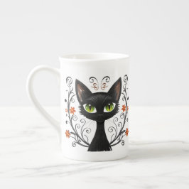 Minimalist Black Cat Green Eyes Filigree Design Porzellantasse