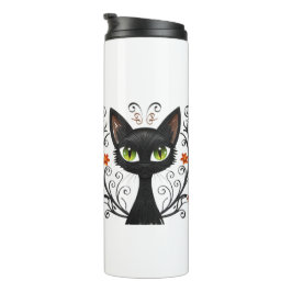 Minimalist Black Cat Green Eyes Filigree Design Thermosbecher