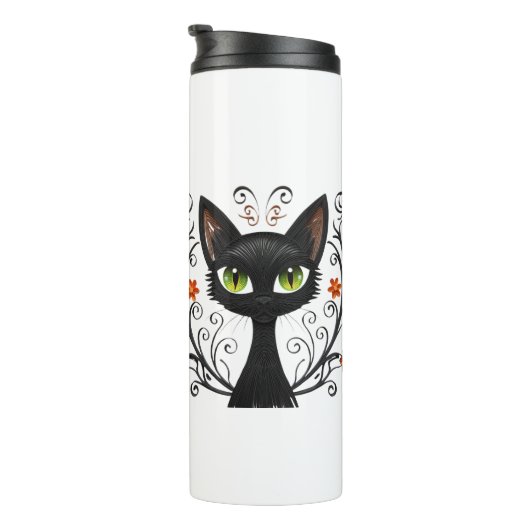 Minimalist Black Cat Green Eyes Filigree Design Thermosbecher (Nach rechts gedreht)