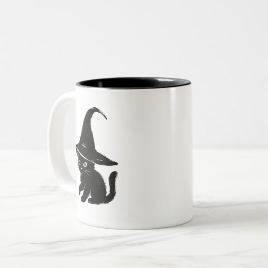 Minimalist Black Cat with Witch Hat Design on Zweifarbige Tasse (Vorderseite Links)