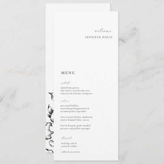 Minimalist Black Floral Place Card Menu Menükarte (Vorne/Hinten)