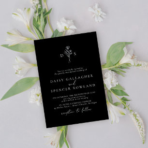 Minimalist Black Modern Floral Monogram Hochzeit Einladung