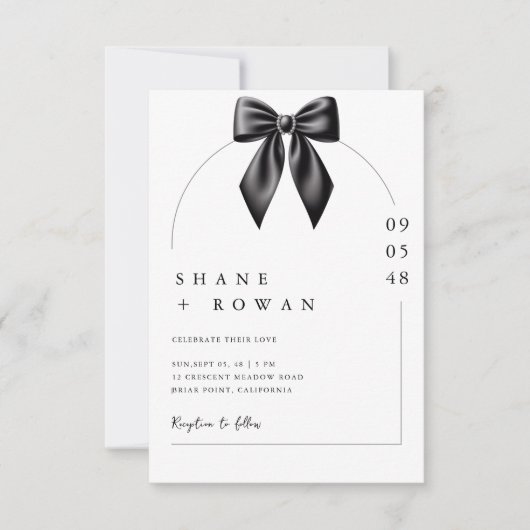 Minimalist Black & White Bow Wedding Invitation Einladung (Vorderseite)